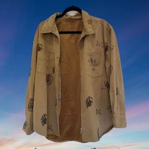 Tan Traditional Doodle Lightweight Flowy Blouse Shirt Zipper Jacket Shacket